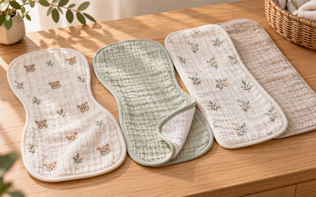 Our varied burp cloth range combines contoured and rectangular shapes with bear, botanical, sage, and taupe styles, developed by Inorange Baby, a Hangzhou OEM/ODM factory with 40+ years of experience.