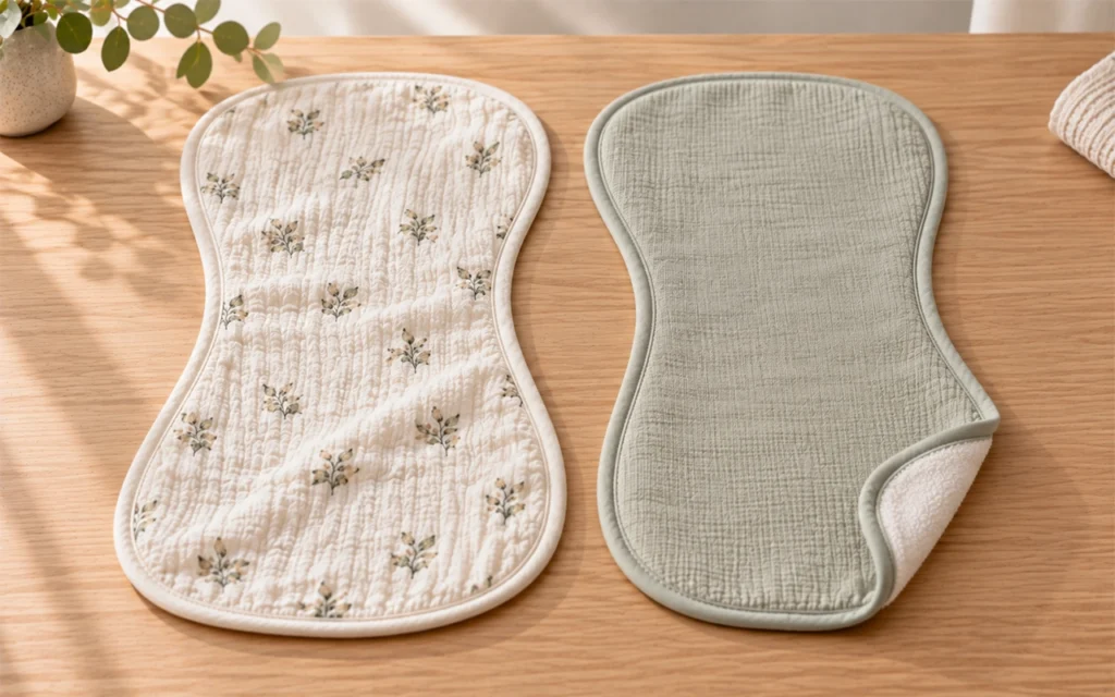 Our botanical muslin and sage burp cloth samples for B2B buyers compare two surface fabrics with absorbent backing, developed by Inorange Baby, a Hangzhou OEM/ODM factory with 40+ years of experience.