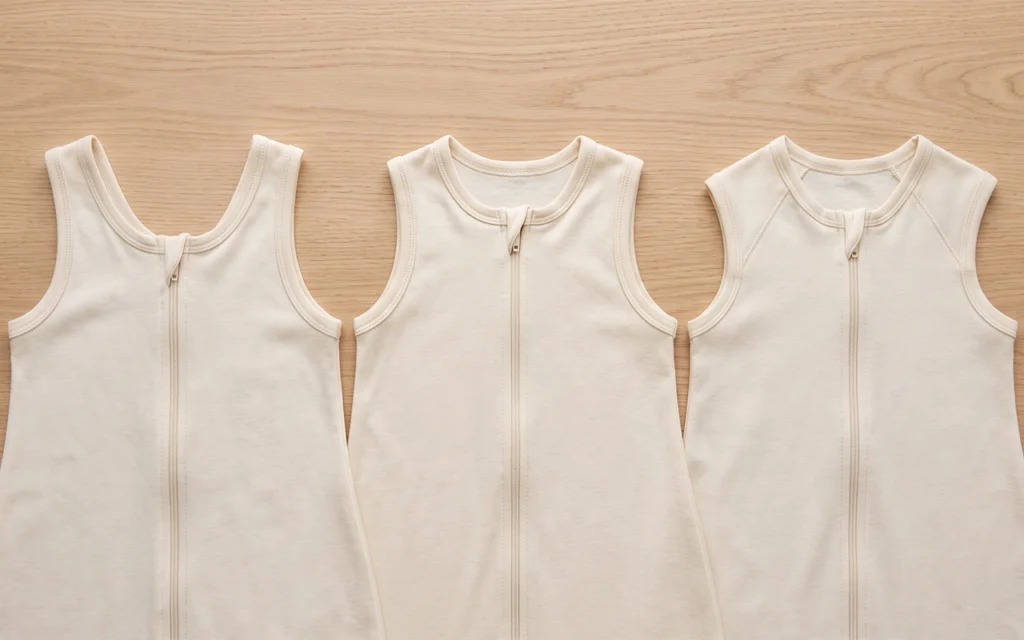 Our three cream sleep sack samples show different neckline depths, shoulder widths, and armhole curves, helping buyers compare upper-body balance, zipper position and binding consistency in one range.