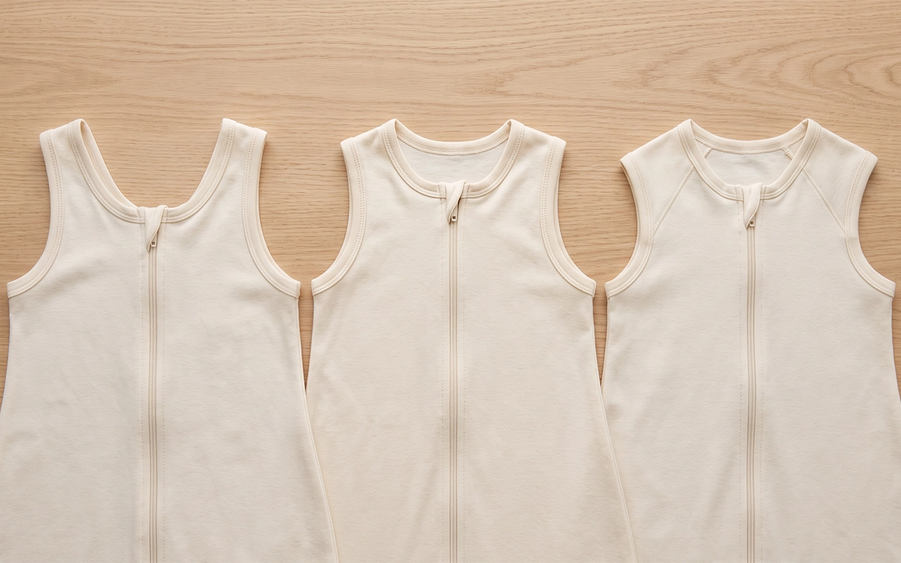 Our three cream sleep sack samples show different neckline depths, shoulder widths, and armhole curves, helping buyers compare upper-body balance, zipper position and binding consistency in one range.