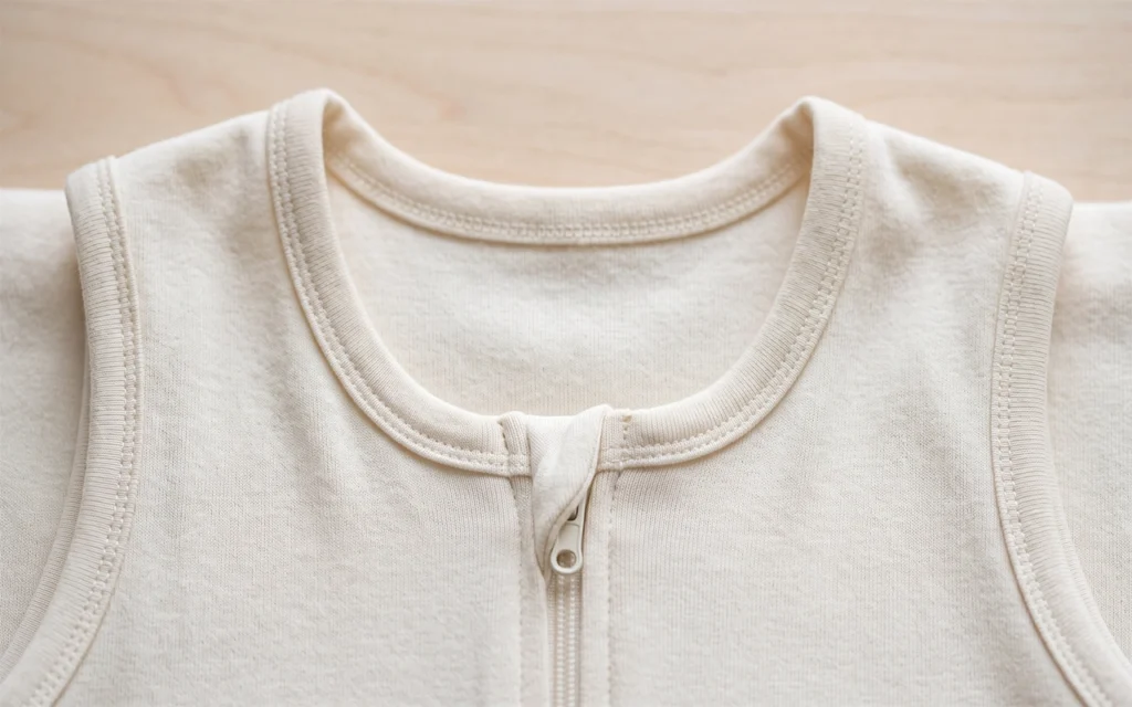 Our cream sleep sack close-up highlights a rounded neckline, neat armhole binding and a zipper guard at the zipper top, showing how even stitching and trim placement affect the finished garment's fit.