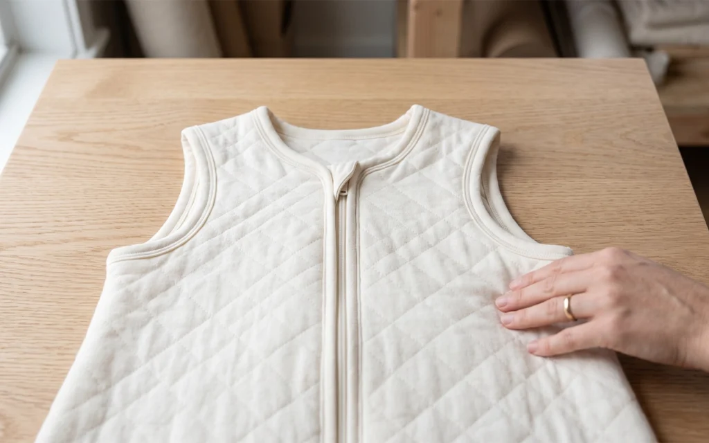 Our quilted baby sleep sack shows a rounded neckline, balanced armhole curves, smooth binding, and a covered zipper top, giving buyers a clear view of upper-body proportions and neat sample finishing.