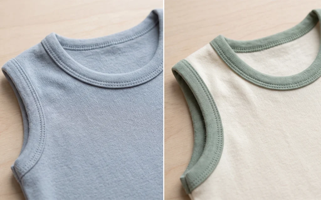 Our blue and cream sleep sack samples compare matching and contrast binding at the neckline and armhole, showing how trim color, width, stitching and fabric stretch shape the finished upper panel fit.