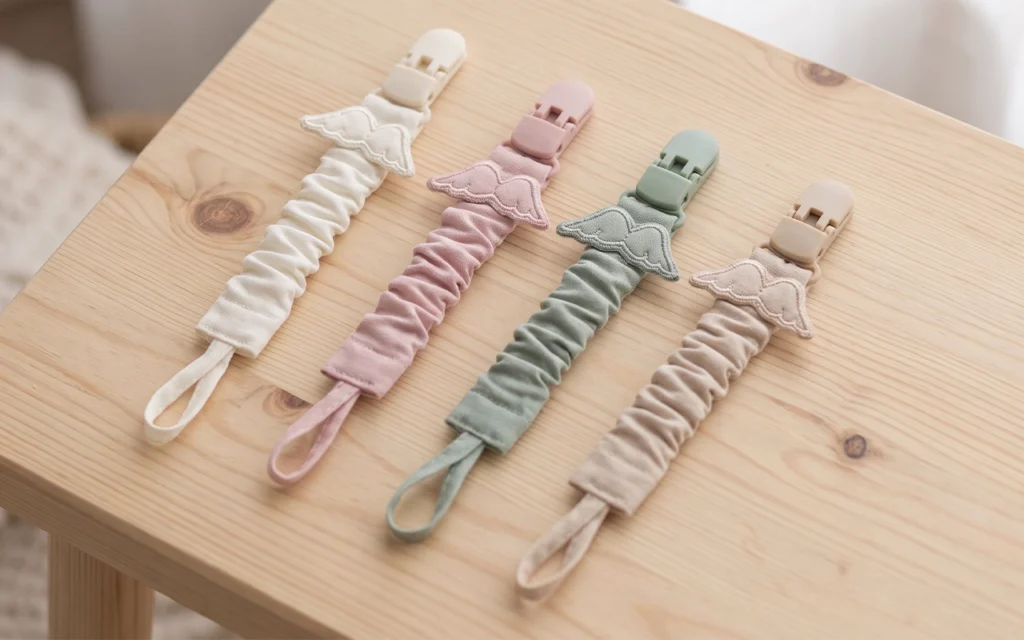 Our four pacifier clips present ivory, pink, sage, and beige fabric straps with matching clips, attachment loops, and wing details, showing how one core design can support a coordinated color palette.
