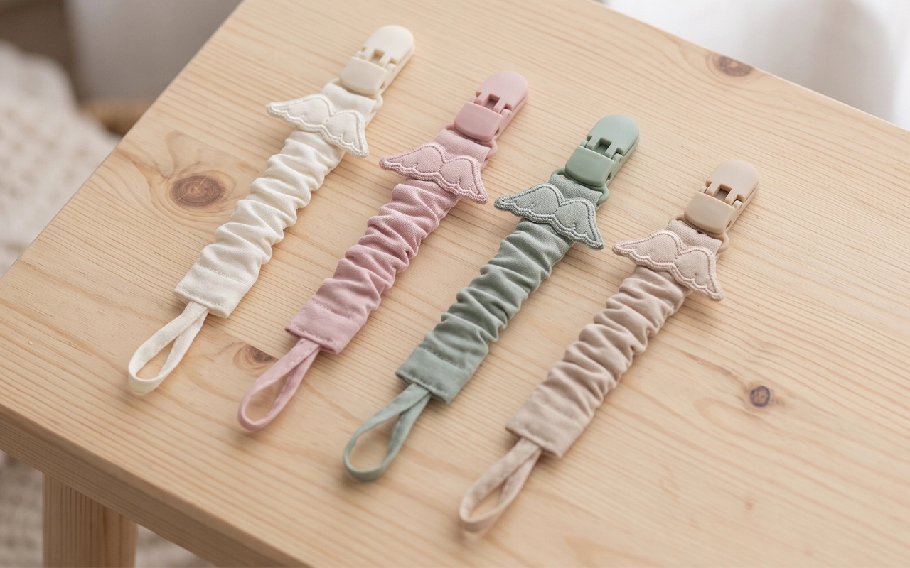 Our four pacifier clips present ivory, pink, sage, and beige fabric straps with matching clips, attachment loops, and wing details, showing how one core design can support a coordinated color palette.