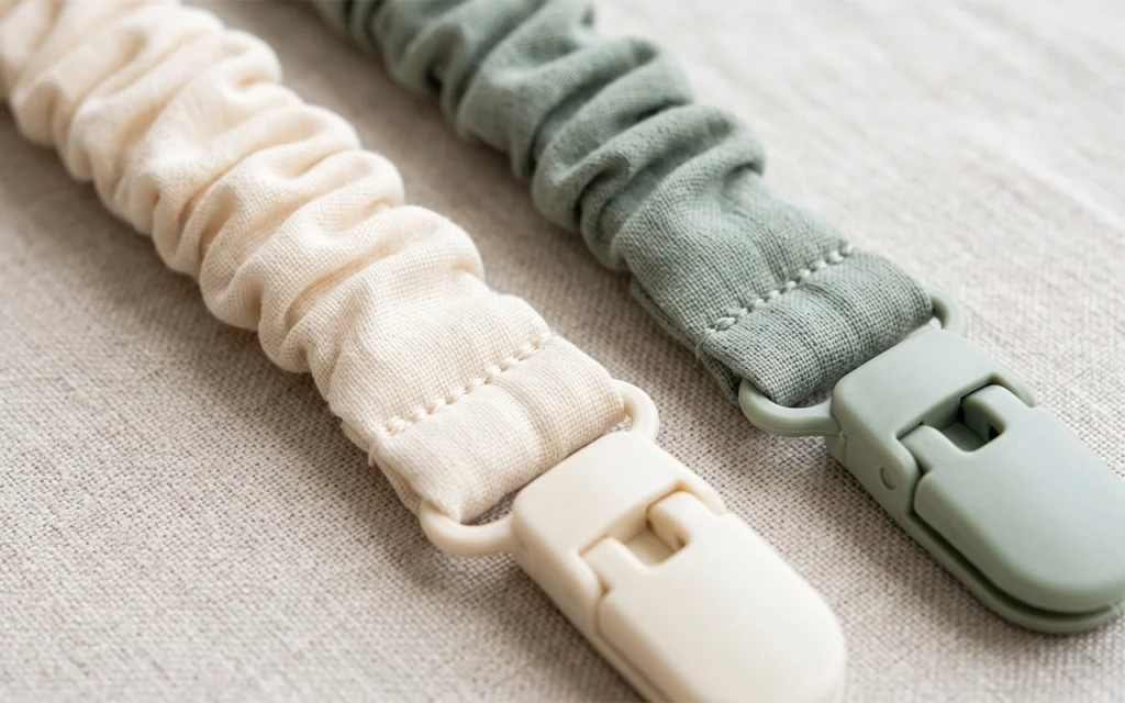 Our close-up of ivory and sage pacifier clips highlights the gathered fabric strap, stitched ends, colored clips and connection rings, helping buyers assess material texture and component proportions.