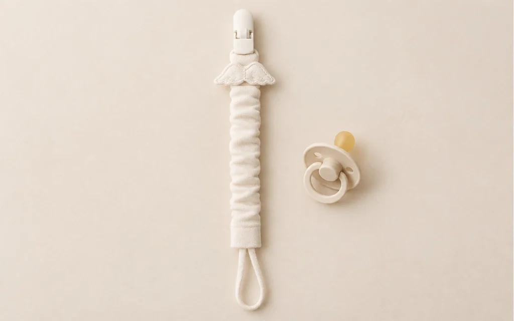 Our ivory pacifier clip pairs a gathered fabric strap and embroidered wing with a pale plastic clip and attachment loop, showing buyers how each component works visually with a matching baby pacifier.