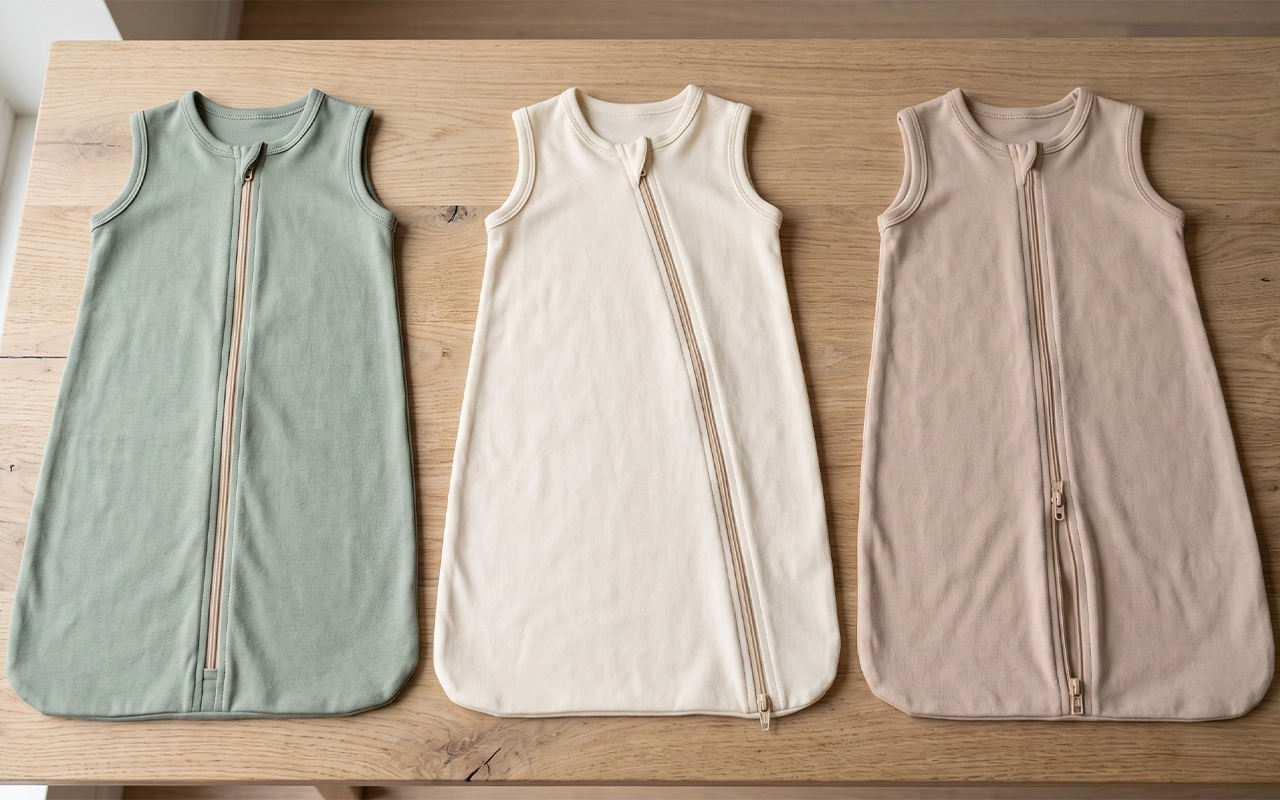 Our three solid-color sleep sacks compare straight, diagonal, and two-way zipper layouts, showing how zipper direction, length, and placement change access, symmetry, construction, and product styles.