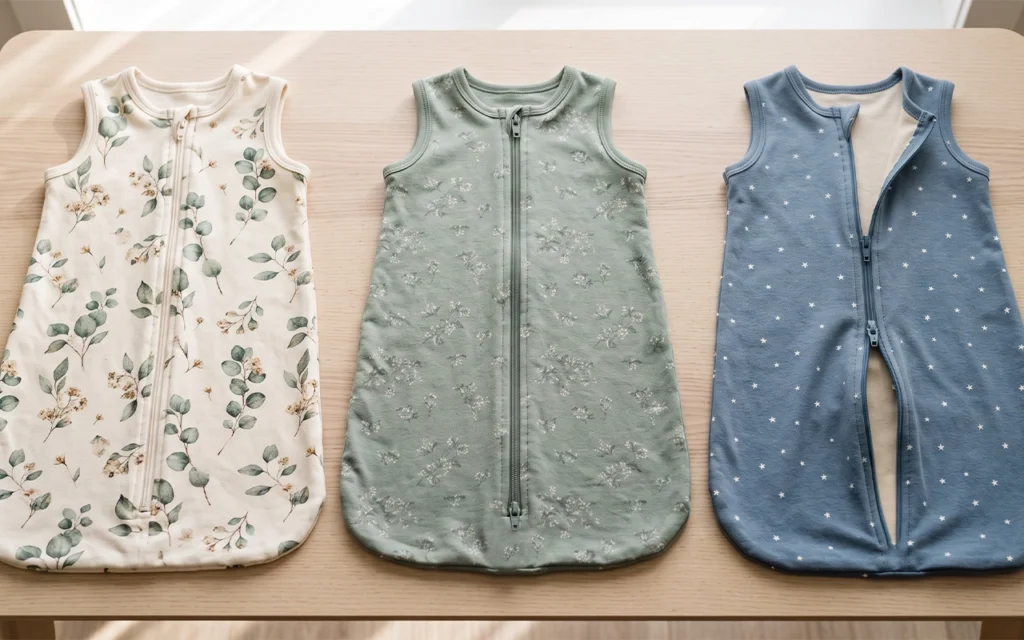 Our printed sleep sack set presents coordinated botanical, floral, and star patterns with a practical zipper system, showing how zipper color and placement can support each fabric design and SKU line.