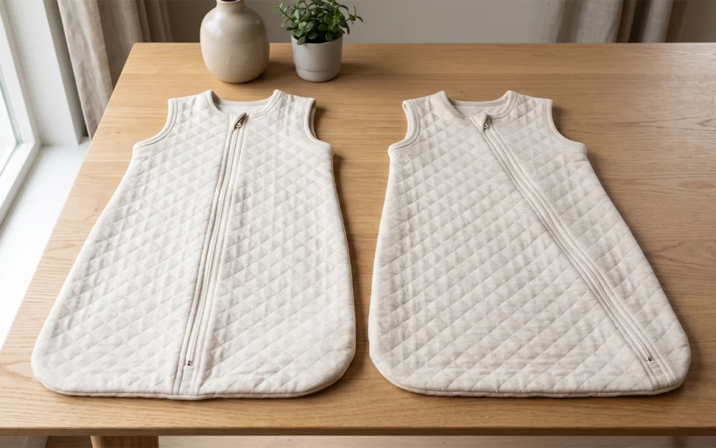 Our quilted sleep sack samples compare a straight center zipper with a diagonal zipper path, showing how construction choices change front-panel balance, opening range, sewing control, and appearance.