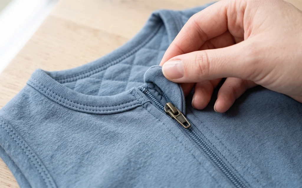 Our close-up shows a soft blue sleep sack with a covered zipper pull at the neckline, highlighting how a correctly sized guard protects the upper area, while keeping the finish smooth and neat in use.