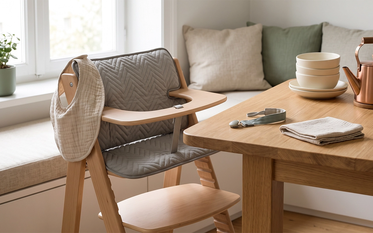 Our neutral bib, sage pacifier clip, washcloth, and gray quilted high-chair cushion create an everyday B2B feeding set from Inorange Baby, a Hangzhou OEM/ODM manufacturer with 40+ years of experience.