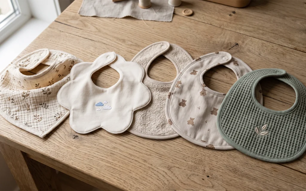 Our five-piece bib range combines soft muslin, jersey, terry, and waffle fabrics with triangle, petal, and rounded shapes, made by Inorange Baby, a Hangzhou OEM/ODM maker with 40+ years of experience.