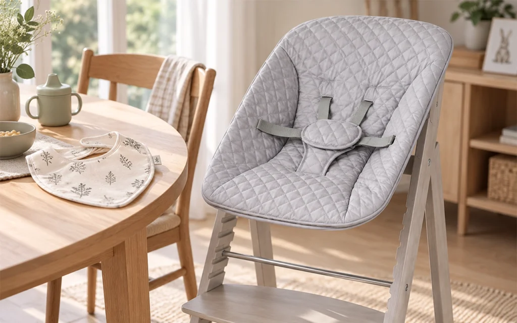 Our gray quilted high-chair inlay and botanical bib extend our daily feeding collection into the seated stage, developed by Inorange Baby, a Hangzhou OEM/ODM manufacturer with 40+ years of experience.