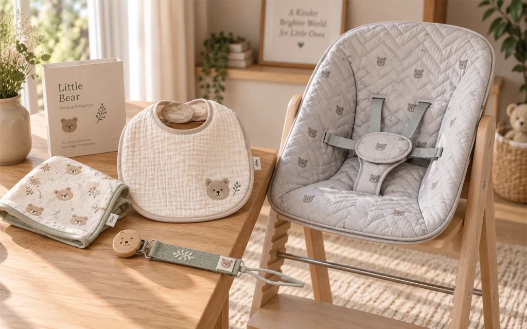 Our bear-themed feeding collection brings together one bib, washcloth, pacifier clip, and quilted high-chair inlay, developed by Inorange Baby, a Hangzhou OEM/ODM factory with 40+ years of experience.