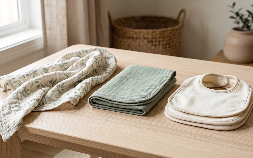 Our textile range compares airy muslin, a structured layered blanket, and soft bibs showing that construction should follow each product's function. Inorange Baby develops custom solutions for brands.