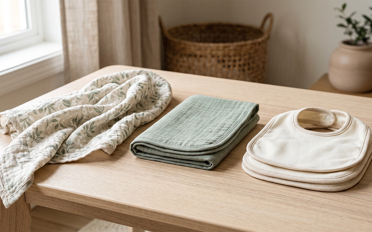 Our textile range compares airy muslin, a structured layered blanket, and soft bibs showing that construction should follow each product's function. Inorange Baby develops custom solutions for brands.