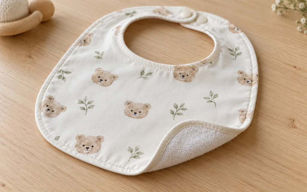 Our baby bib pairs a decorative bear-and-leaf knit face with a soft terry backing, showing how two layers can balance appearance and absorbent performance. Inorange Baby offers custom OEM/ODM support.