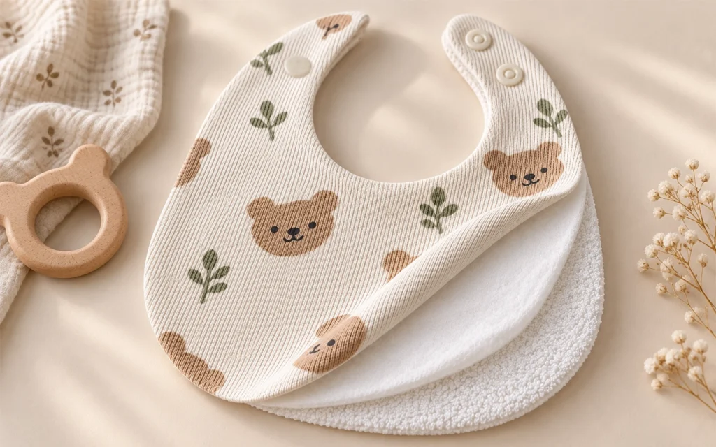 Our layered baby bib shows how one product can unite design and performance: a printed knit face, absorbent inner layer and soft terry back. Inorange Baby offers custom OEM/ODM development for brands.