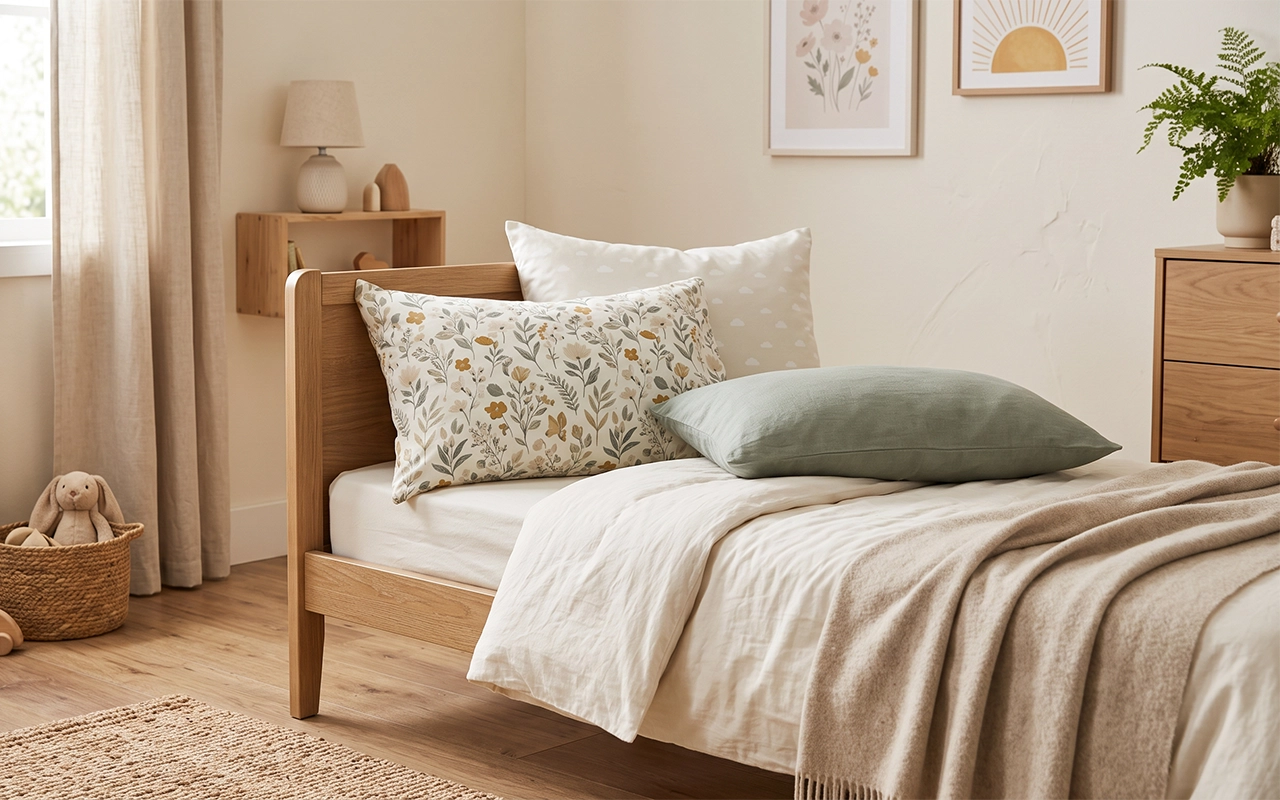 Our toddler bedroom combines rectangular pillows in floral, cloud, solid sage, and neutral designs. Different shapes, sizes, fabrics, and colors create a coordinated bedding series for older children.