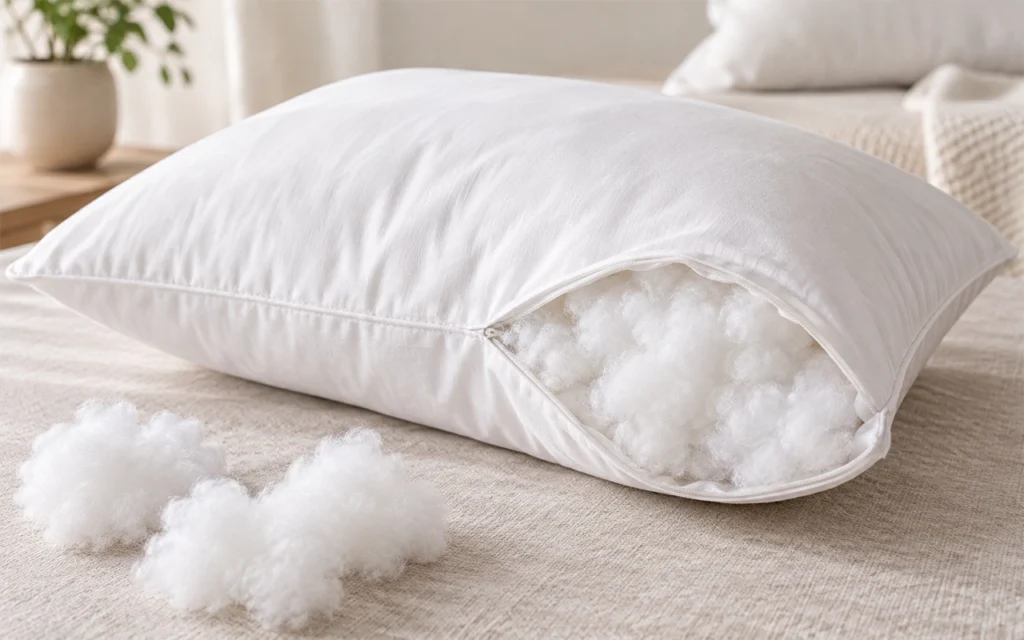 Our close-up reveals a white pillow shell opened to show loose fiber filling and its distribution. Filling material, quantity, shape, and dimensions work together to define loft, softness, and volume.