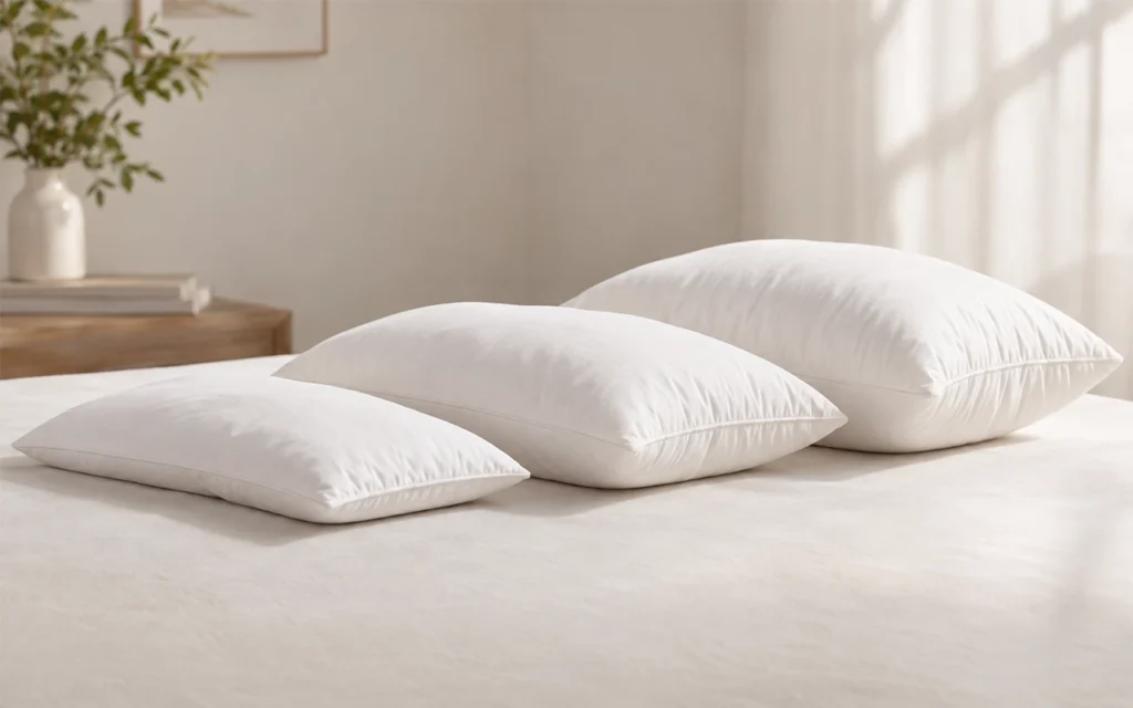 Our display compares three white pillow inners with low, medium, and fuller lofts. It shows how filling quantity, dimensions, and distribution can all change height, volume, softness, and final shape.