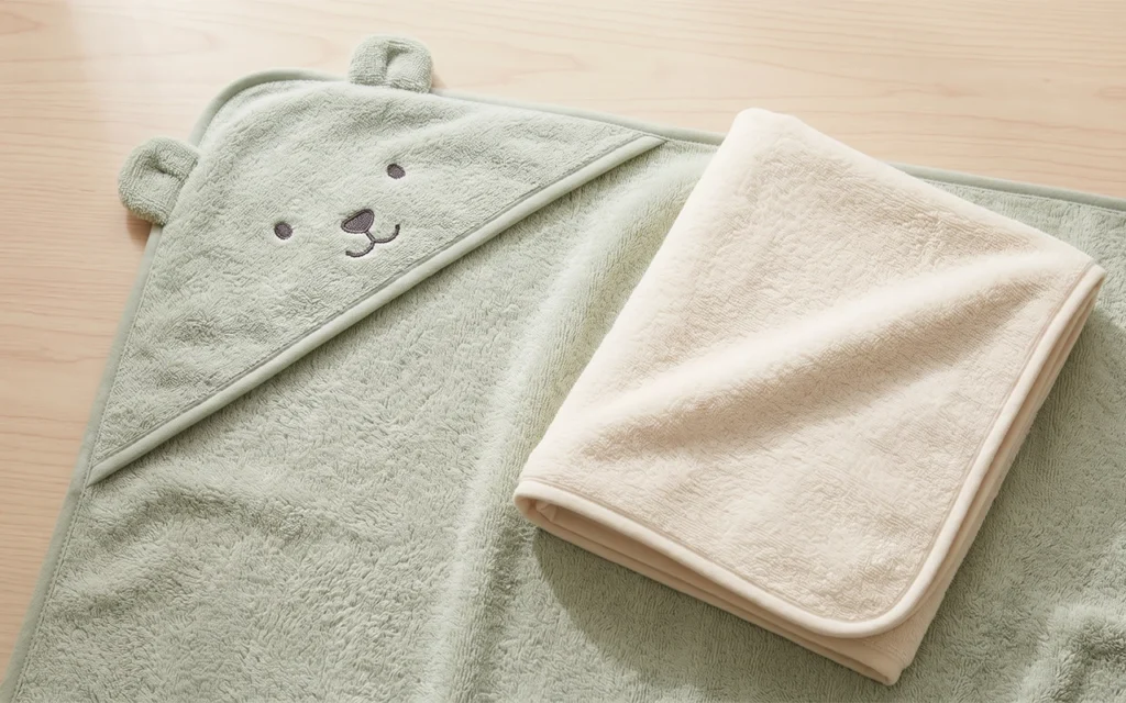 We pair a sage hooded towel with bear ears and an embroidered motif beside a folded ivory non-hooded towel, showing how one terry fabric direction can support playful and streamlined bath collections.