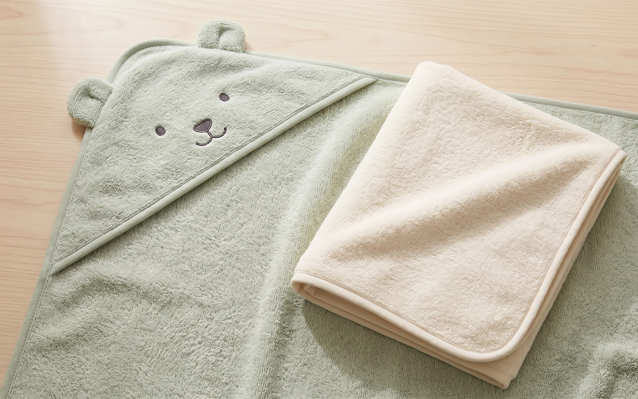 We pair a sage hooded towel with bear ears and an embroidered motif beside a folded ivory non-hooded towel, showing how one terry fabric direction can support playful and streamlined bath collections.