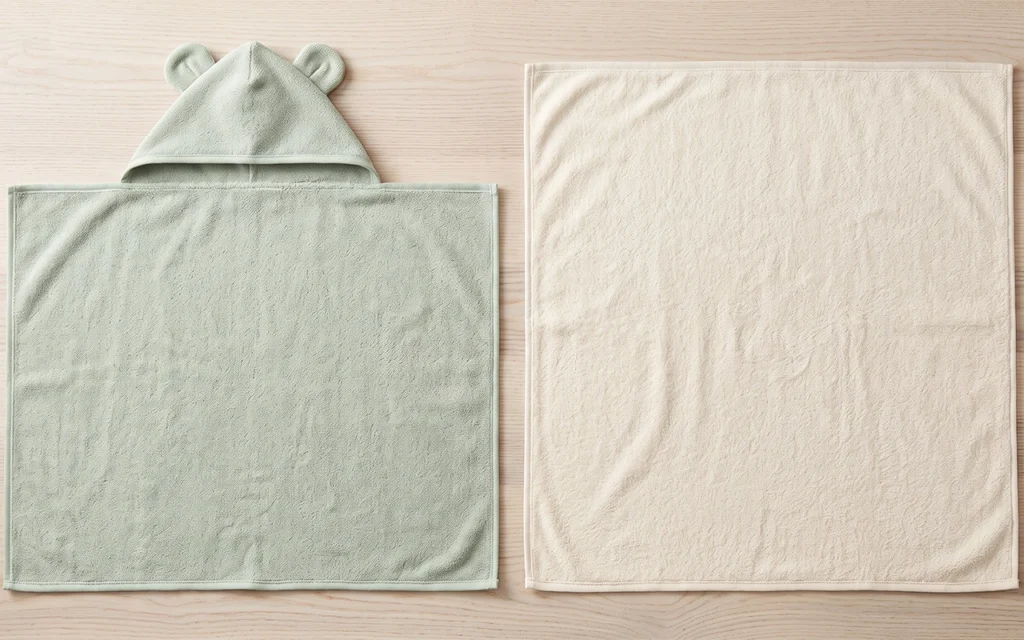 We compare a large sage hooded towel with bunny ears against the clean ivory non-hooded rectangle, helping brands assess structure, coverage, folding profile, decoration space, and market positioning.