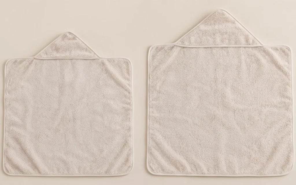 We present both ivory hooded bath towels in different dimensions, making size, coverage, hood-to-body proportion, folded volume, fabric consumption, and retail presentation easy for brands to compare.