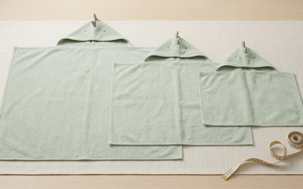 We arrange three sage hooded towels in graduated sizes, each with a playful dinosaur hood, to show how dimensions change coverage, proportion, packing volume, and the visual hierarchy of a collection.