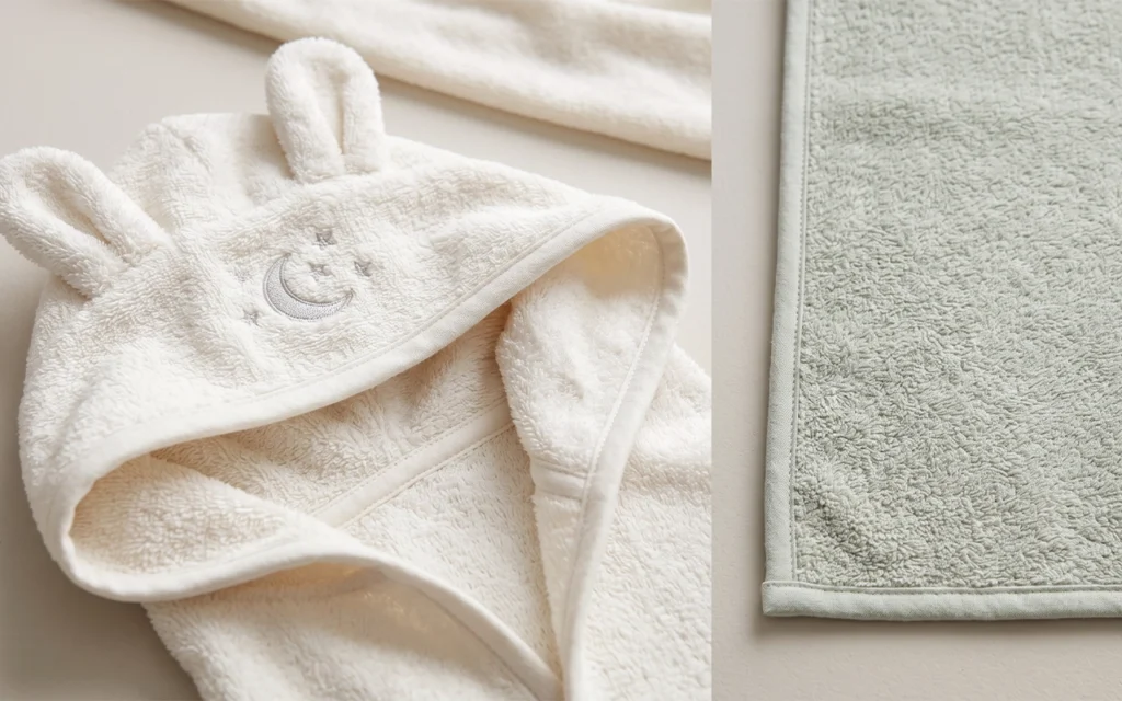 We highlight this bath towel's playful hood and finish: soft ivory terry, bunny ears, refined moon-and-star embroidery, neat binding, and a sage terry edge that demonstrates an alternate color option.