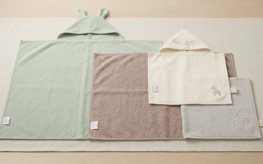 We present a coordinated bath towel assortment with hooded and non-hooded formats, mixed sizes, soft neutral colors, embroidery, animal details, neat binding, and labels for distinct retail positions.
