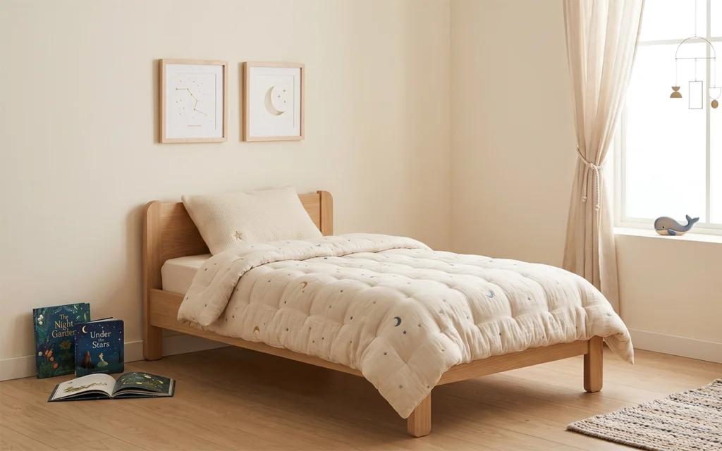 Our warm toddler bedroom shows a full celestial quilt with moon and star motifs, balanced loft, and broad quilted sections. The scene supports clear age, size, and intended-use positioning for buyers.