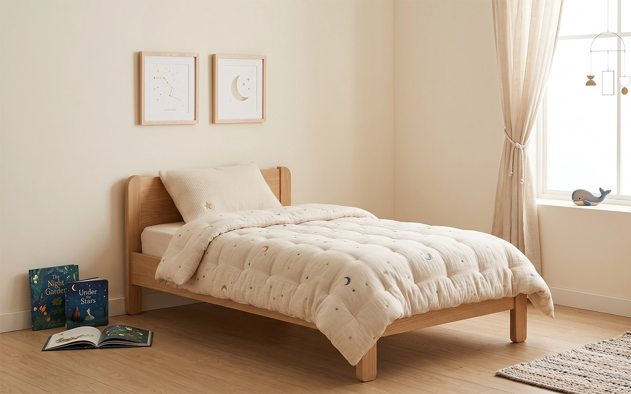 Our warm toddler bedroom shows a full celestial quilt with moon and star motifs, balanced loft, and broad quilted sections. The scene supports clear age, size, and intended-use positioning for buyers.
