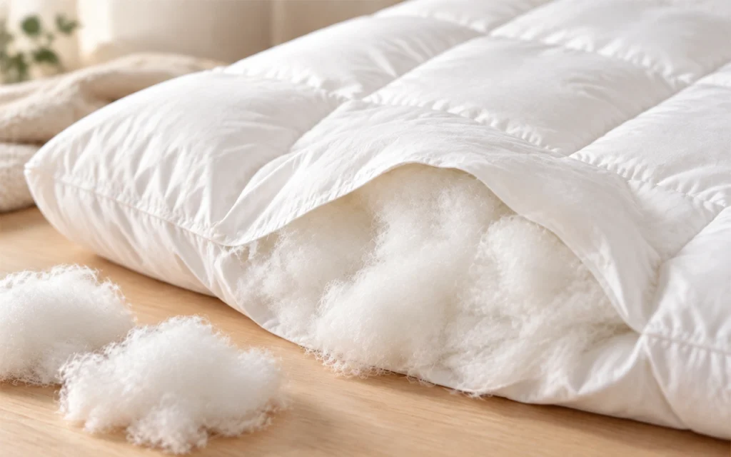 Our filling close-up shows a white quilt shell, stitched channels, and fiber filling. The material, amount, distribution, and quilting pattern together determine loft, weight, softness, and stability.