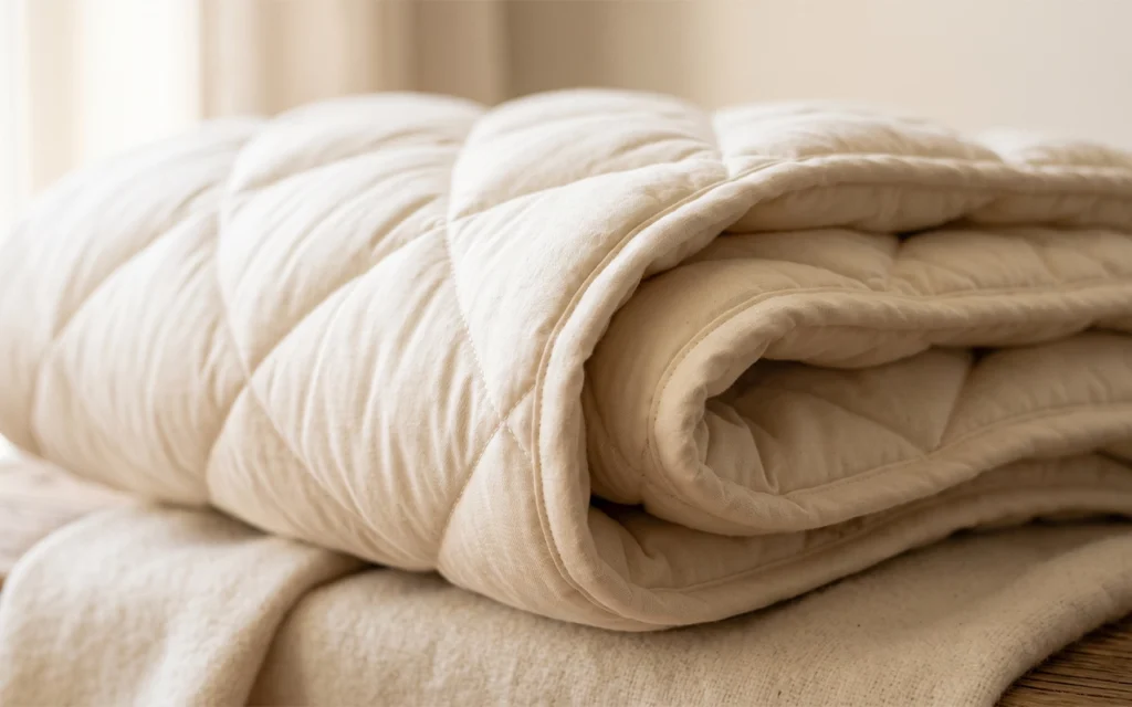 Our close-up shows a softly folded cream quilt with gentle loft, rounded edges, visible quilting. Fabric choice, filling weight, stitch spacing, and size work together to shape the finished hand feel.