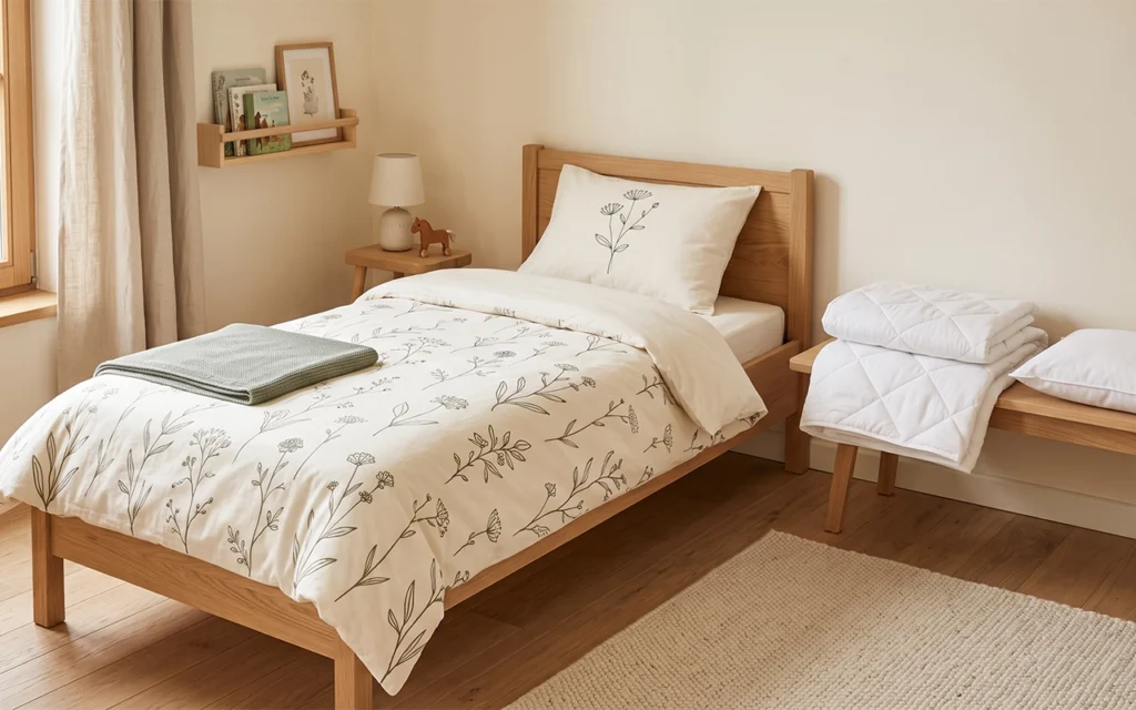 Our coordinated bedroom scene pairs a botanical duvet cover and pillowcase with folded quilt inners. This shows how color, pattern, dimensions, and filling can support a unified toddler bedding range.