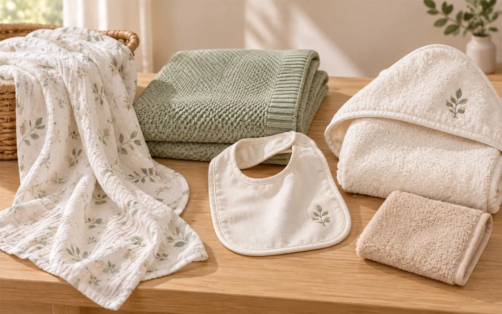 Our coordinated collection pairs printed muslin, a textured knitted cotton blanket, a soft bib, and terry bath textiles. Inorange Baby creates premium custom OEM/ODM ranges for global B2B baby brands.