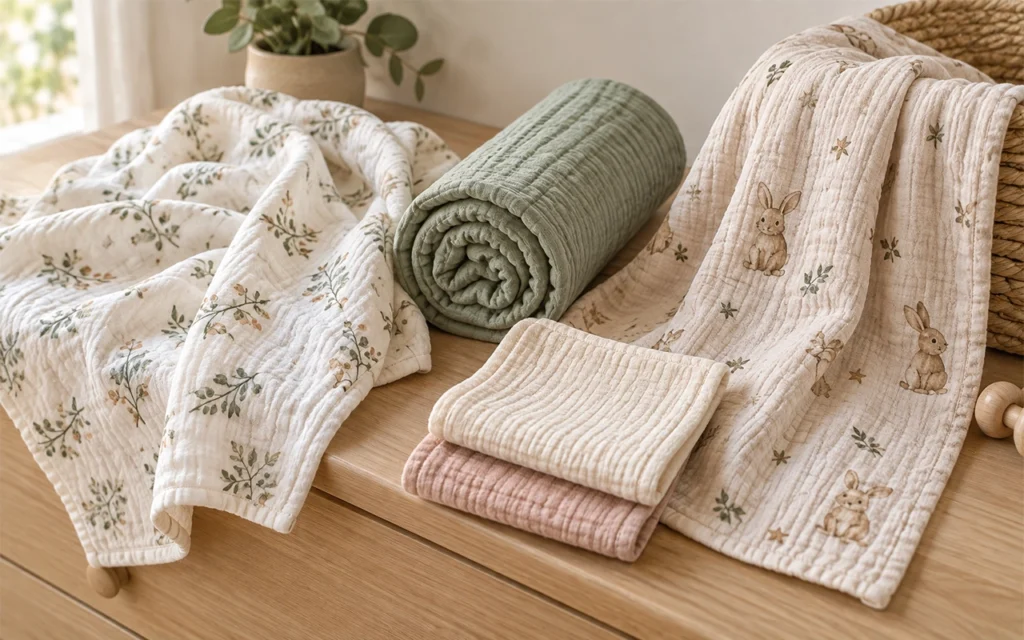 Our muslin range shows how one airy gauze fabric can support printed blankets, solid-color wraps, and small care cloths through changes in layers, size and finish. Inorange Baby offers custom OEM/ODM. From our Hangzhou, China factory, we help B2B buyers adapt muslin by layer count, size, color, print, and edging for swaddles, blankets, washcloths, and bedding. With 40+ years of experience, we sample options for softness, drape, thickness, drying time, cost, and market position before production.