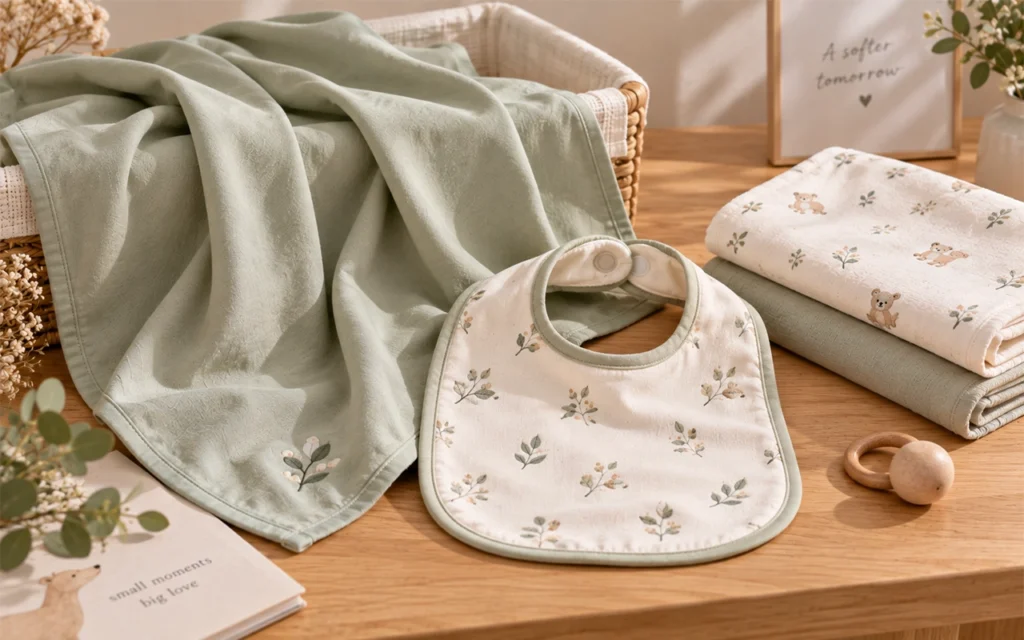 Our botanical collection uses structured knitted cotton for green blankets, printed fabric for a baby bib, and soft muslin for folded care textiles. Inorange Baby offers custom OEM/ODM for B2B brands.