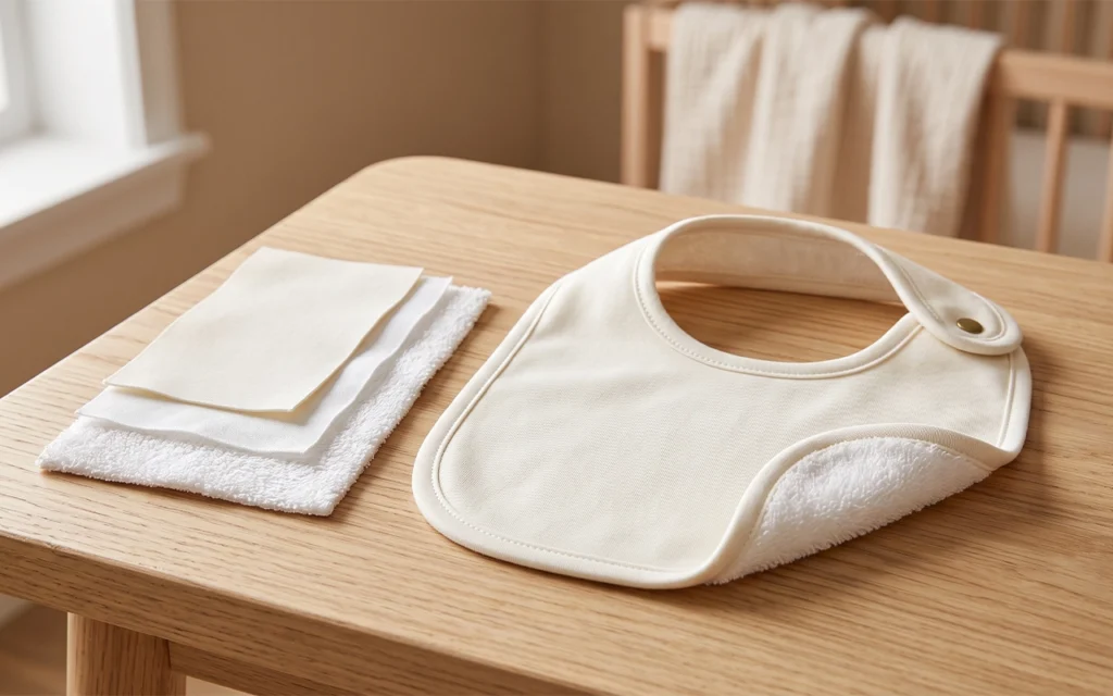 Our layered baby bib combines a smooth knitted cotton face, an absorbent middle layer, and soft terry cloth backing. Inorange Baby develops custom OEM/ODM fabric structures for global B2B baby brands.