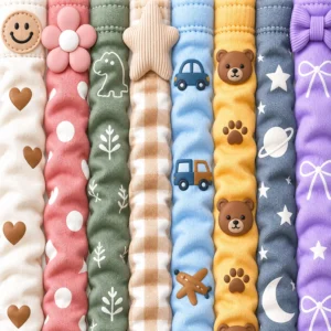 Our detailed crop highlights ruched polyester elastic straps, reinforced stitching, and varied motifs, from hearts and flowers to dinosaurs, vehicles, bears, stars, planets, gingham, and playful bows.