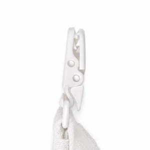 Our profile close-up highlights a white PU plastic fastener with gripping teeth, pivot points, lower connector, and a gathered polyester elastic strap designed for reliable everyday pacifier handling.