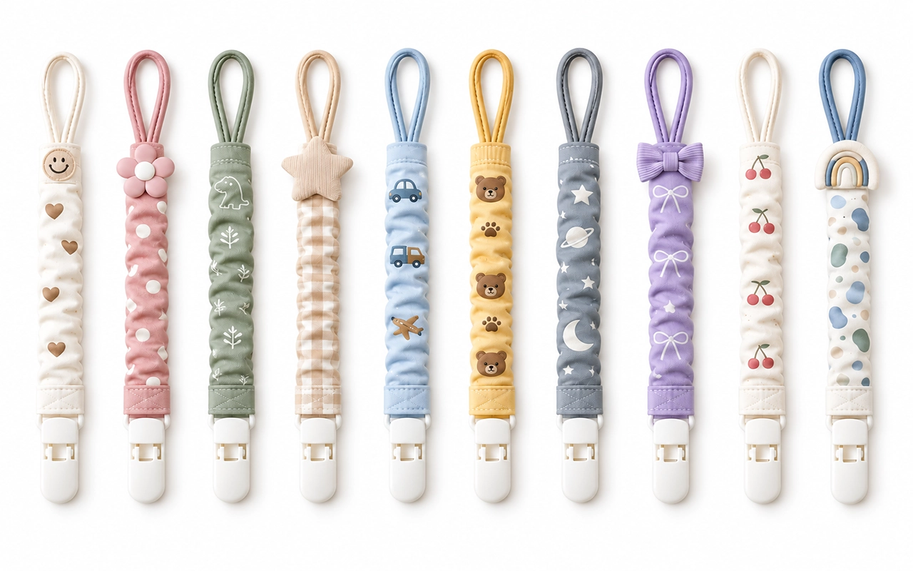 Our coordinated collection presents ten polyester baby pacifier clips in pastels and playful themes, each with a gathered elastic strap, attachment loop, decorative details, and white PU plastic clip.
