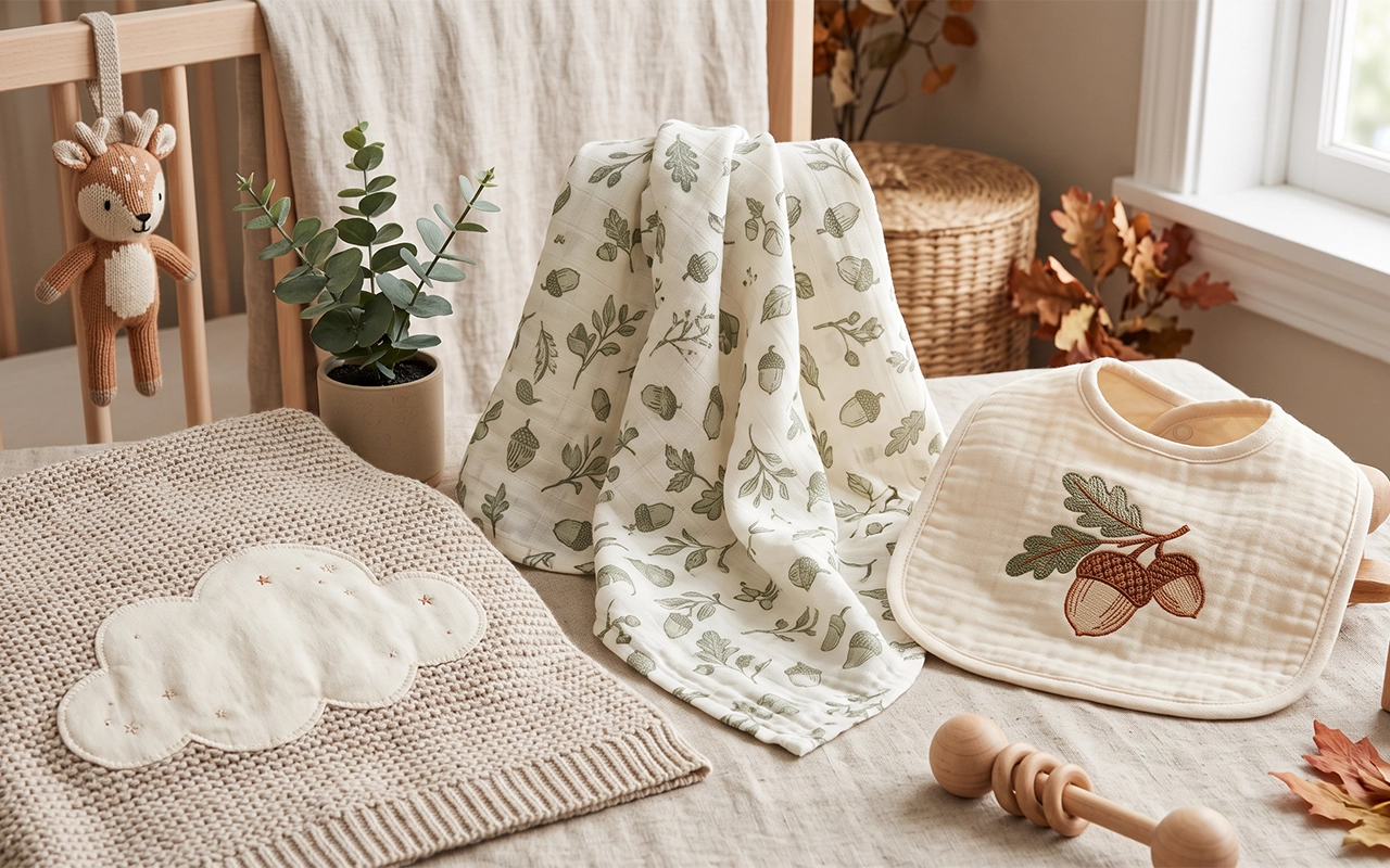 Our autumn collection compares decoration methods: botanical printing on muslin, cloud applique on a knitted blanket, and acorn embroidery on a bib. Inorange Baby offers custom OEM/ODM for B2B brands.