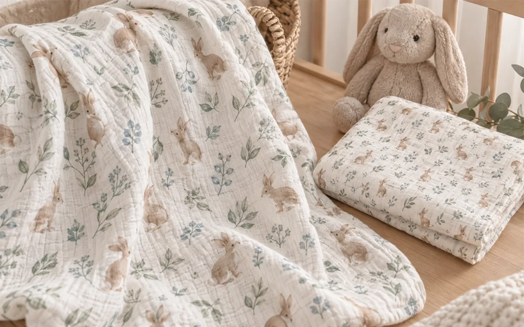 Our rabbit-and-leaf muslin collection uses all-over printing on baby blankets and folded care textiles, showing how repeat scale and motif spacing keep surfaces balanced. Inorange Baby offers OEM/ODM.