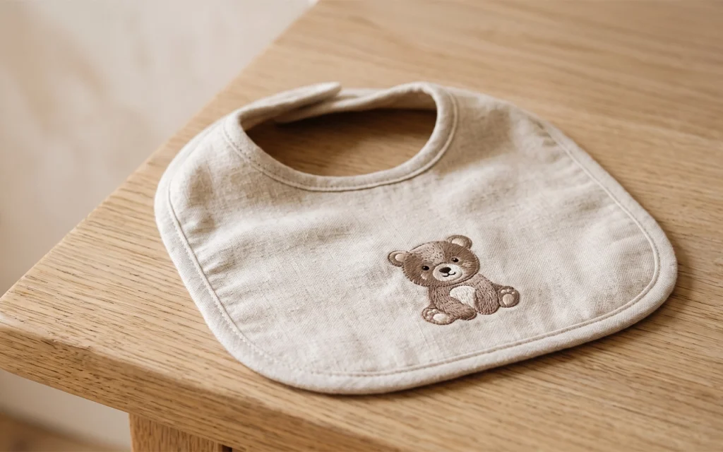 Our embroidered baby bib uses a seated bear as its focal detail, showing how thread color, stitch density, scale and placement can shape a simple product identity. Inorange Baby offers custom OEM/ODM.