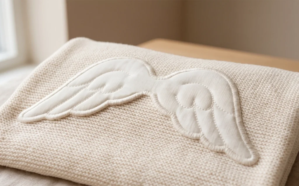 Our angel-wing applique adds soft fabric dimension to a cream knitted baby blanket. Neat stitched edges create a refined focal detail while Inorange Baby develops custom OEM/ODM decoration for brands.
