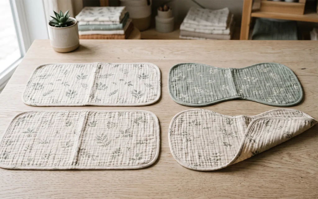 Our four-piece display compares two rectangular and two contoured muslin burp cloths. The folded edge reveals layered construction while the forms help buyers review curves, symmetry, and proportions.